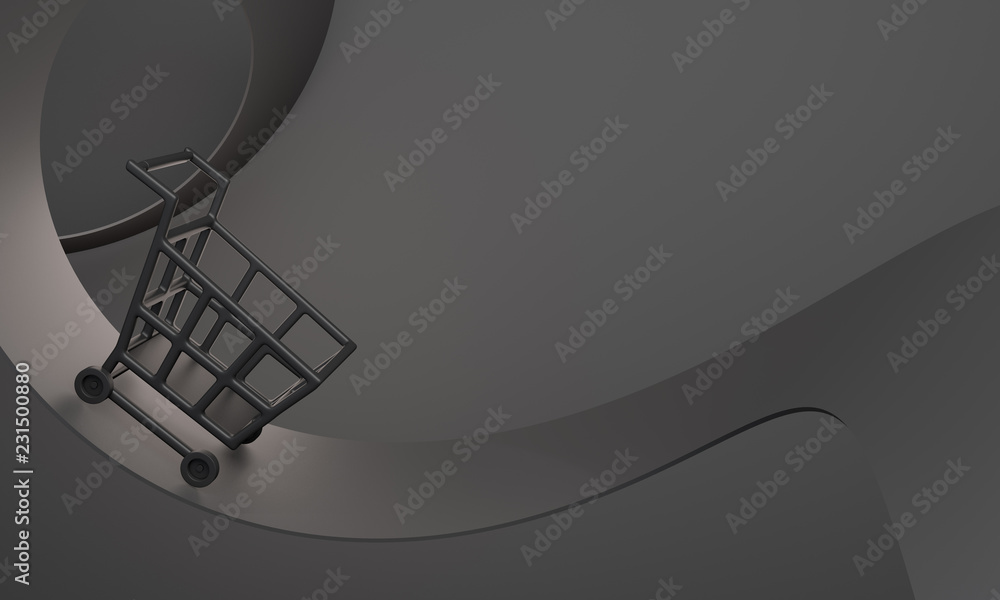 Empty black basket trolley cart on the curve flying road, copy space text, Design creative concept for black friday sale event. 3D rendering illustration.