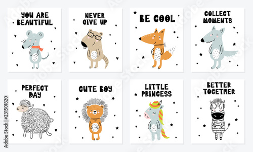 Vector poster collection with cartoon cute animal and funny slogan in scandinavian style for kids