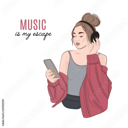 Woman with headphones listening to the music. Student street style look. Girl holding phone and earphone. Modern weekend relaxing illustration. Technology hand drawn sketch.