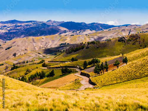 Ecuador, picturesque andean landscape between Zumbahua canyon and Quilotoa lagoon with dirt road and cultivated fields
