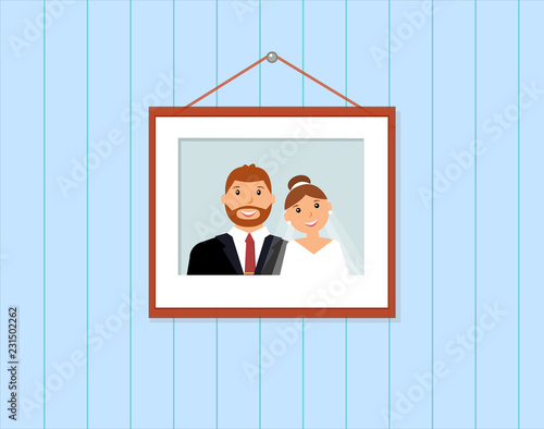 Happy smiling family portrait: groom and bride on the light blue background picture on the wall. Wedding card with the newlyweds. Loving couple. Just married. Vector illustration