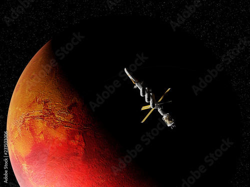 Fototapeta Naklejka Na Ścianę i Meble -  spaceship in orbit of planet Mars, journey to the red planet, solar system expedition