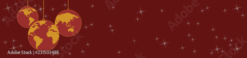 Christmas tree, vector header in red. Balls in the shape of planet earth, background