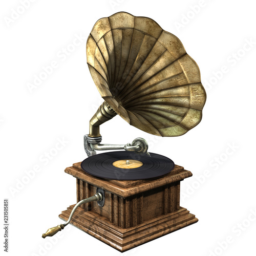 3D illustration of vintage and classic gramophone isolated on white background photo