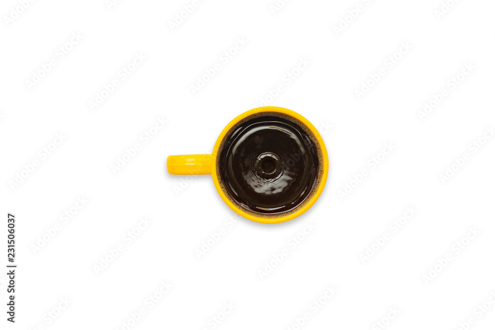 Yellow Colored Cup of Coffee on Isolated White Background, Top View Yellow Colored Cup of Coffee on Isolated White Background, Top View