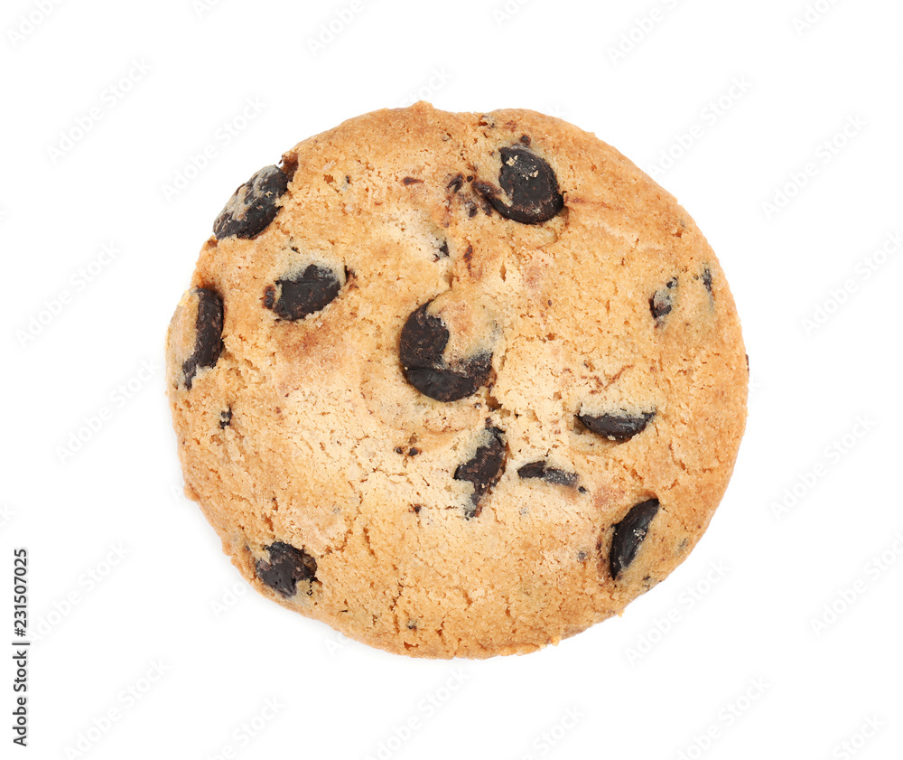 Delicious chocolate chip cookie on white background, top view Delicious chocolate chip cookie on white background, top view