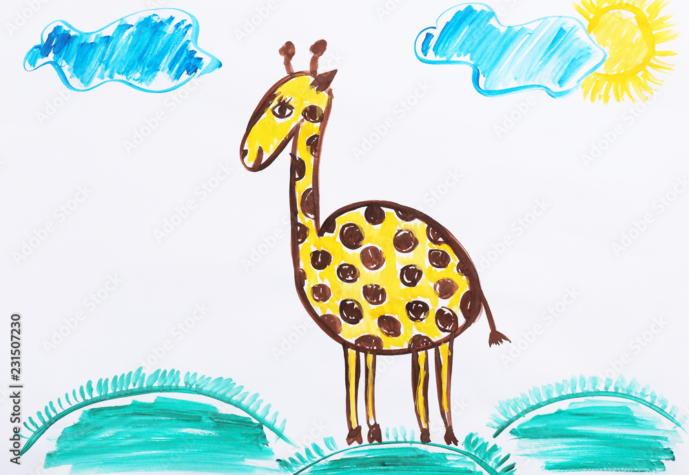 Obraz premium Colorful children painting of beautiful giraffe on white background