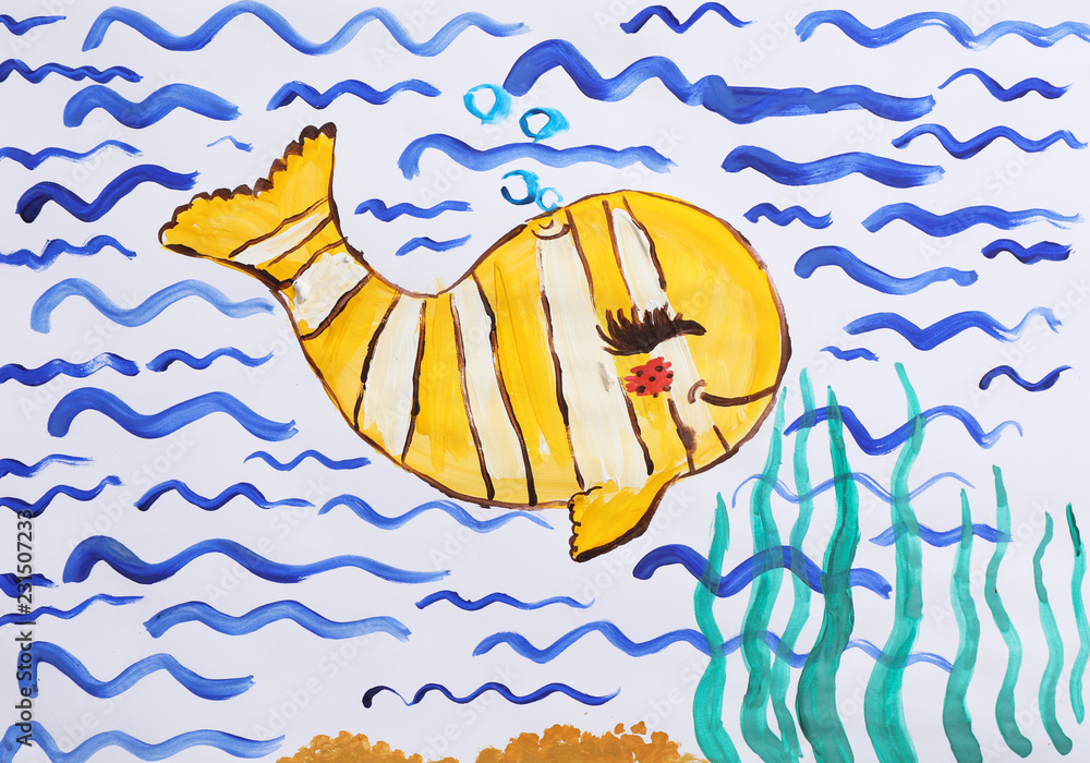 Fototapeta premium Colorful children painting of beautiful fish on white background