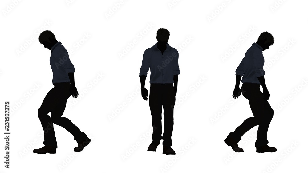 Obraz premium people silhouette- man walk depressed - 3 diferent views - isolated on white background