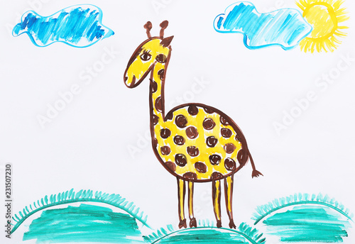 Colorful children painting of beautiful giraffe on white background