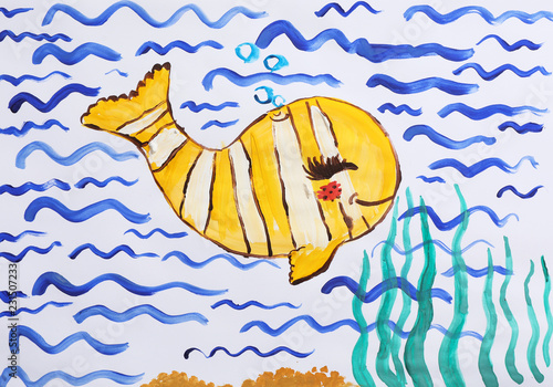 Colorful children painting of beautiful fish on white background