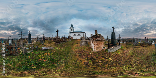 full seamless panorama 360 degrees angle in equirectangular spherical cube projection. 360 panorama of crosses and small church in old cemetery sunset  VR AR content