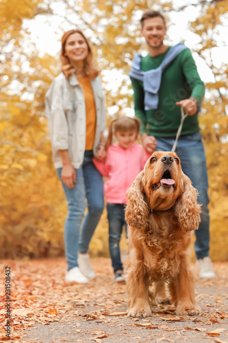 Happy family with child and dog in park. Autumn walk
