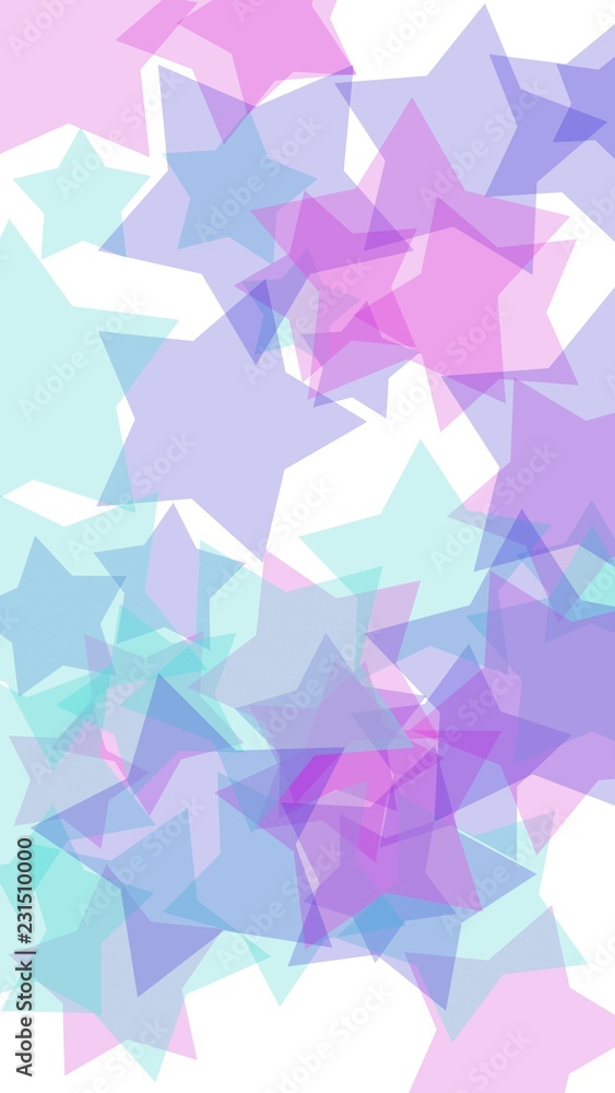 Multicolored translucent stars on a white background. Vertical image orientation. 3D illustration