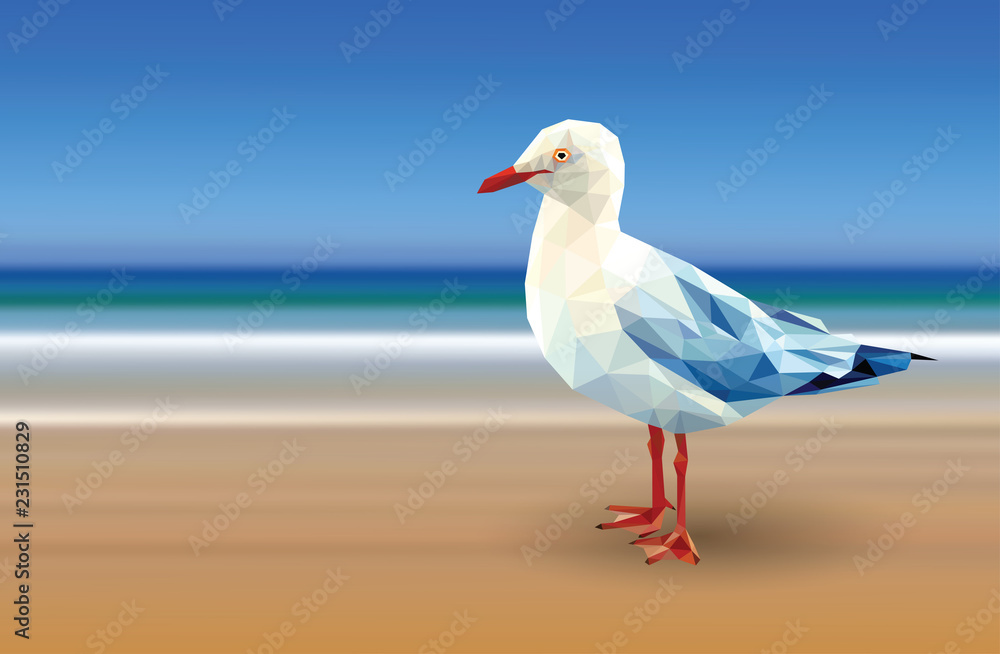 Obraz premium White seagull low polygon stand on sea blue sky background, red beak gull crystal design on gradient beach illustration. Bird gray wings geometric in summer horizon seashore.