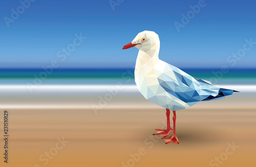 White seagull low polygon stand on sea blue sky background, red beak gull crystal design on gradient beach illustration. Bird gray wings geometric in summer horizon seashore.