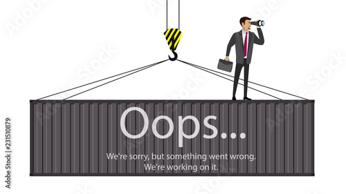 cargo container hanging on a crane hook and businessman with binoculars