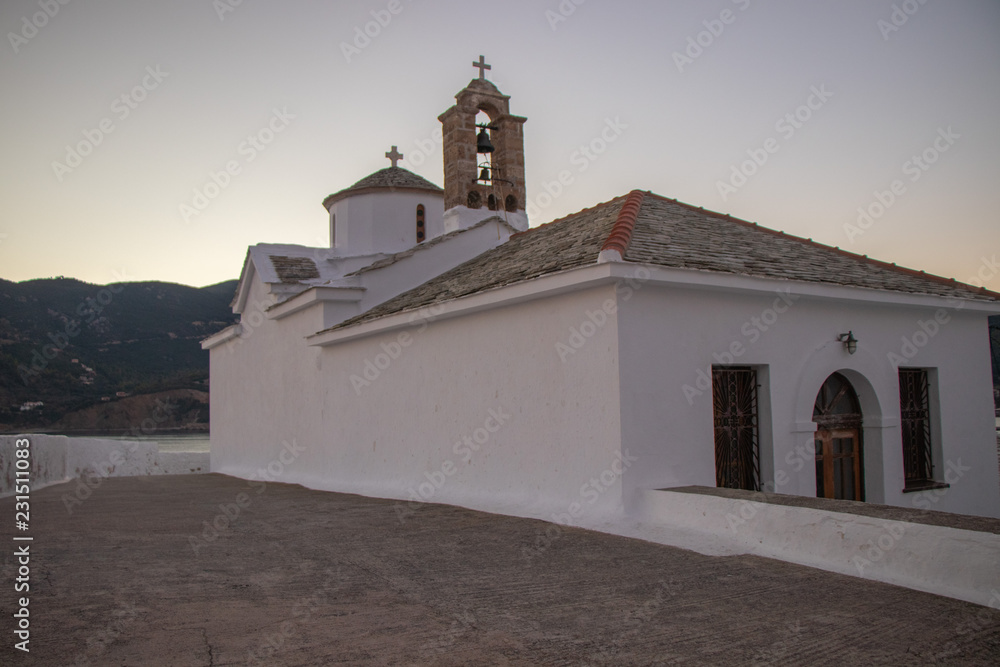 Traditional Architecture of the Greek Islands - Sunrise at Christian Orthodox White Church at Skopelos, Northern Sporades - Panagitsa Tou Pirgou