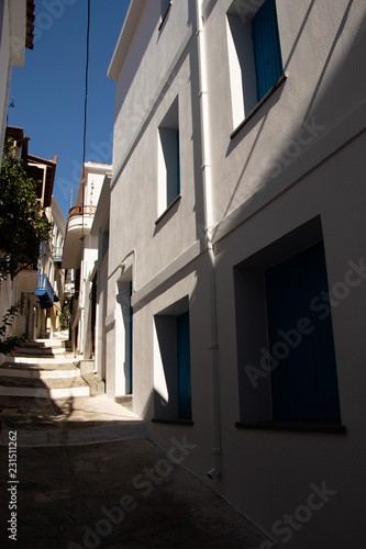 Small Street and Traditional Greek Houses on Skopelos Island, Northern Sporades in the Aegean Sea