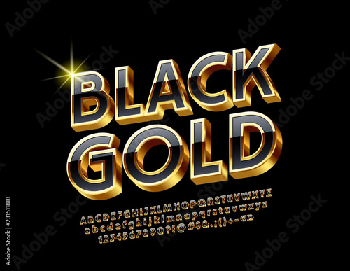 Vector bright Gold and Black Alphabet Letters, Numbers and Symbols. Chic 3D Font for luxury Emblem, Banner, Poster