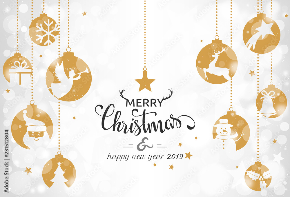 Christmas card 2019 with hanging balls on bokeh