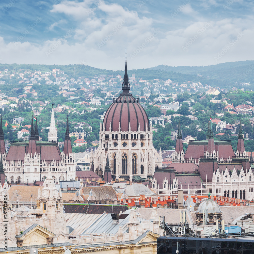 Fototapeta premium Parliament building in Budapest, Hungary. Panorama of the city of Budapest with the Parliament building on the horizon