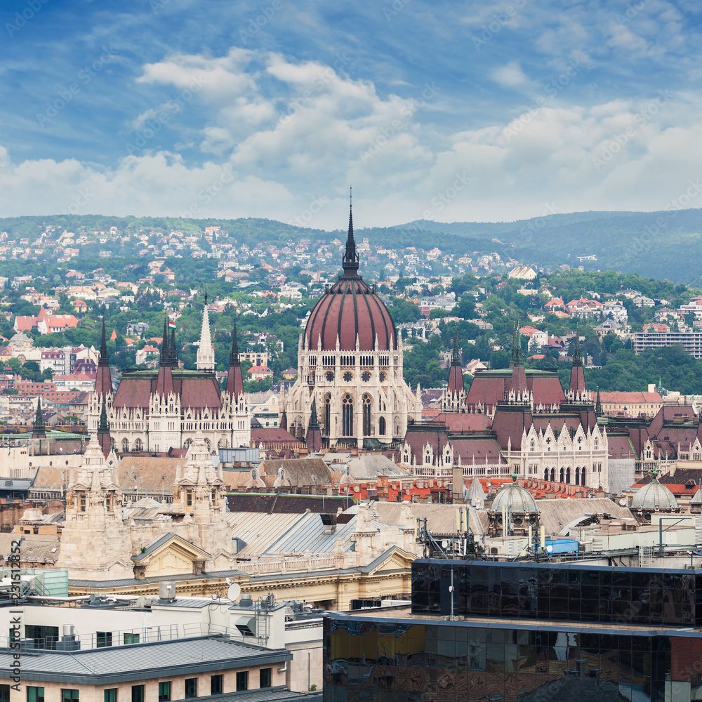 Parliament building in Budapest, Hungary. Panorama of the city of Budapest with the Parliament building on the horizon
