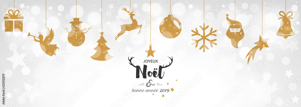 Carte de Noël 2019 avec boules dorées sur bokeh