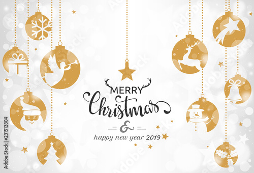 Christmas card 2019 with hanging balls on bokeh