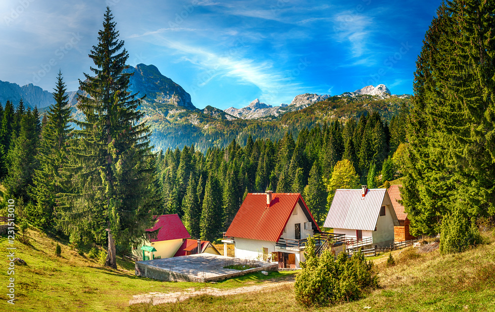 Panoramic view of idyllic mountain scenery with traditional chalets