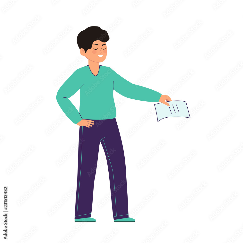 Vector illustration of a man holding a piece of paper in his outstretched hand. Character in the style of flat guy in a blue sweater. 