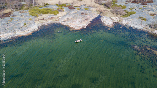Archipelago and a fishing boat, aerial view
