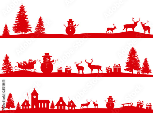 Christmas banners set, red winter landscapes