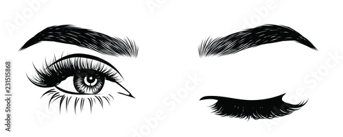 Abstract fashion illustration of the eye with creative makeup. Hand drawn vector idea for business visit cards, templates, web, salon banners,brochures. Natural eyebrows and glam eyelashes