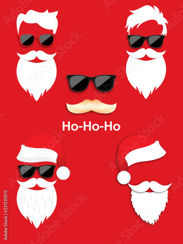 Happy New Year and Merry Christmas. Set of Santa claus in dark hipster sunglasses and hat. Vector illustration.