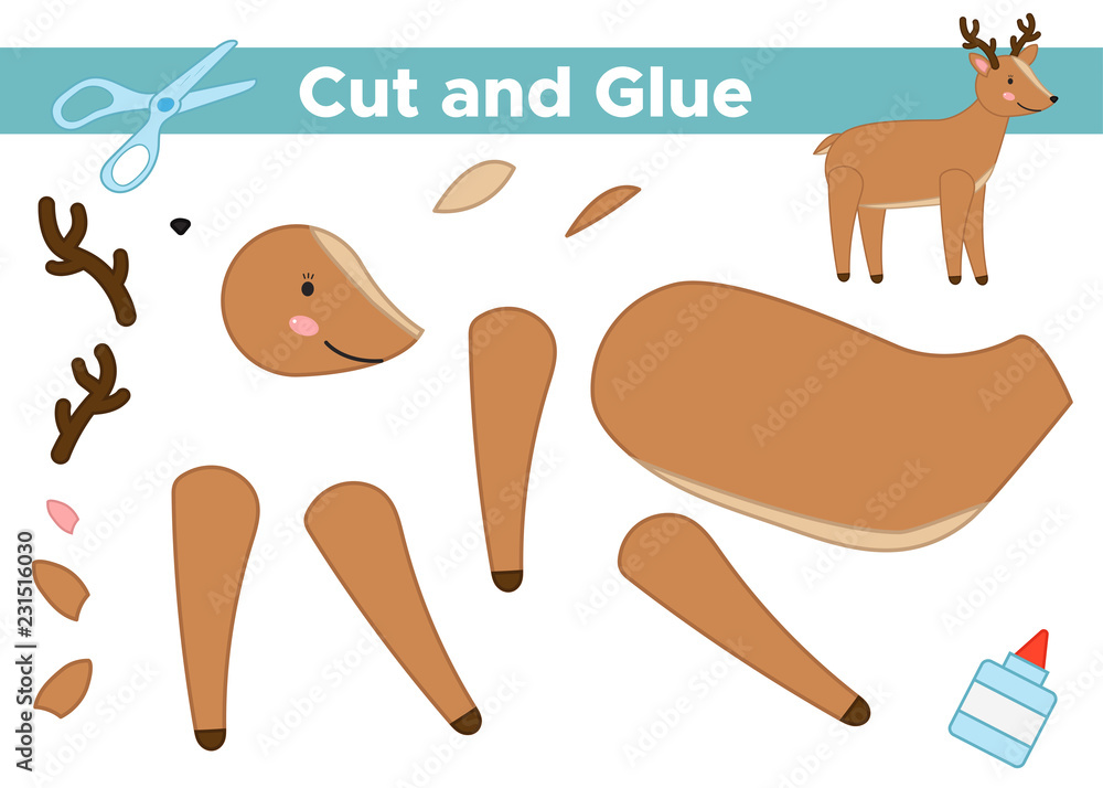 Education paper game for preschool kids. Create the applique cute deer. Paper toy. Cut and glue. Woodland animals. Vector illustration. Stock Vector | Adobe Stock Education paper game for preschool kids. Create the applique cute deer. Paper toy. Cut and glue. Woodland animals. Vector illustration. Stock Vector | Adobe Stock