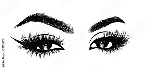 Abstract fashion illustration of the eye with creative makeup. Hand drawn vector idea for business visit cards, templates, web, salon banners,brochures. Natural eyebrows and glam eyelashes