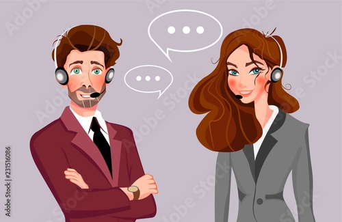 Male and female call center avatar icons with man and woman wearing headsets with speech bubbles conceptual of client services and communication. Vector illustration.