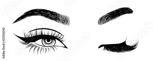 Abstract fashion illustration of the eye with creative makeup. Hand drawn vector idea for business visit cards, templates, web, salon banners,brochures. Natural eyebrows and glam eyelashes