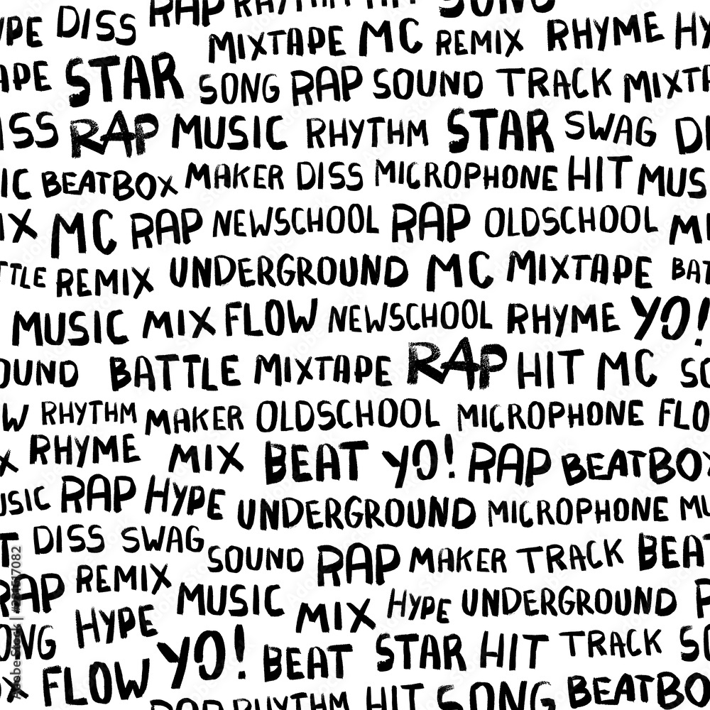 Seamless pattern with words on the rapper theme. Words rap, music, beat, battle, hit, underground, mix and others. Hand drawn illustration Seamless pattern with words on the rapper theme. Words rap, music, beat, battle, hit, underground, mix and others. Hand drawn illustration