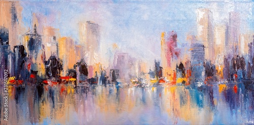 Skyline city view with reflections on water. Original oil painting on canvas, © elen31