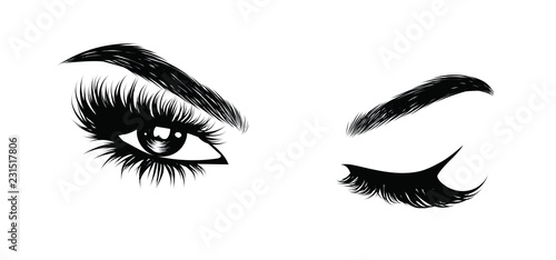 Abstract fashion illustration of the eye with creative makeup. Hand drawn vector idea for business visit cards, templates, web, salon banners,brochures. Natural eyebrows and glam eyelashes