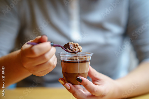 Having breakfast with delicious pudding