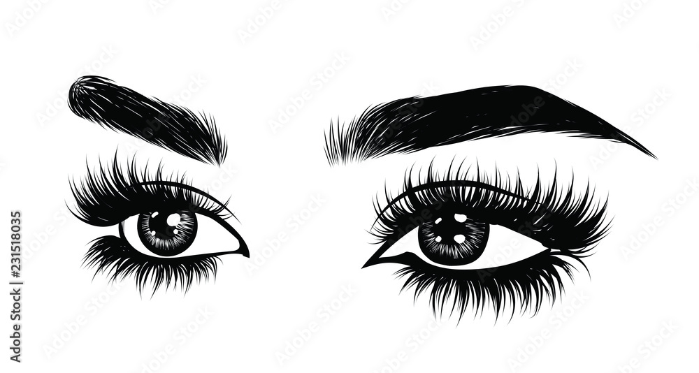Abstract fashion illustration of the eye with creative makeup. Hand drawn vector idea for business visit cards, templates, web, salon banners,brochures. Natural eyebrows and glam eyelashes Abstract fashion illustration of the eye with creative makeup. Hand drawn vector idea for business visit cards, templates, web, salon banners,brochures. Natural eyebrows and glam eyelashes