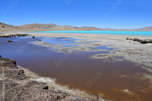 Lakes of Tibet. Lake of Sam Co in summer in clear weather