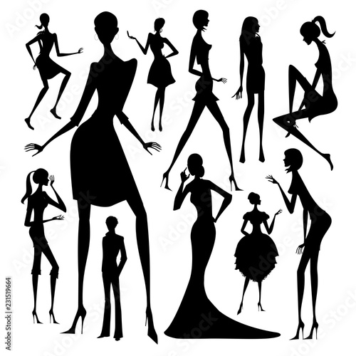 Set of silhouette of the woman in different dress isolated on white background