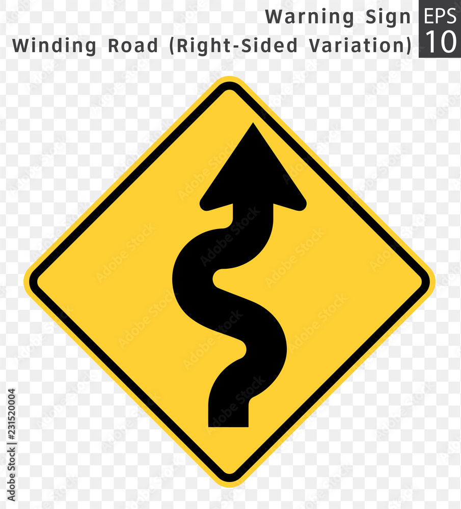 Road Sign. Warning. Winding Road (Right-Sided Variation). Vector Illustration on Transparent Background Road Sign. Warning. Winding Road (Right-Sided Variation). Vector Illustration on Transparent Background