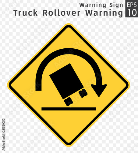 Road Sign. Warning. Truck rollover warning.  Vector Illustration on Transparent Background photo