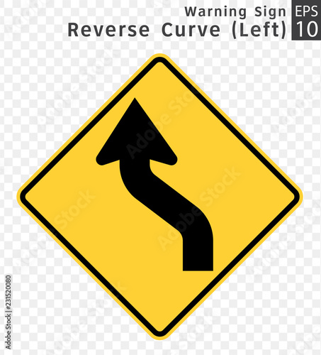 Road Sign. Warning. Reverse Curve (Left).  Vector Illustration on Transparent Background
