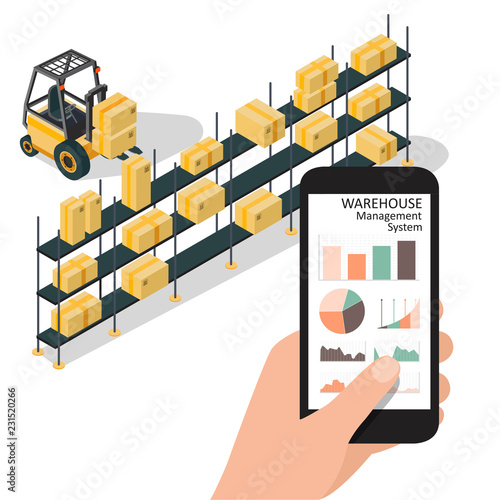 Smart warehouse management system app.Worker hand holding phone with warehouse control infographic app. Isometric vector illustration. 